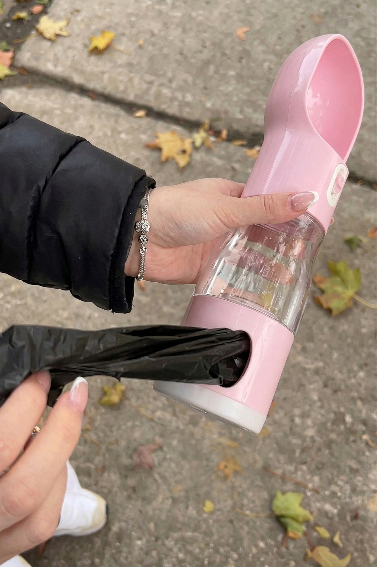 Ultimate 4-in-1 Portable Pet Travel Bottle: Water, Food, Poop Scoop & Bag Dispenser